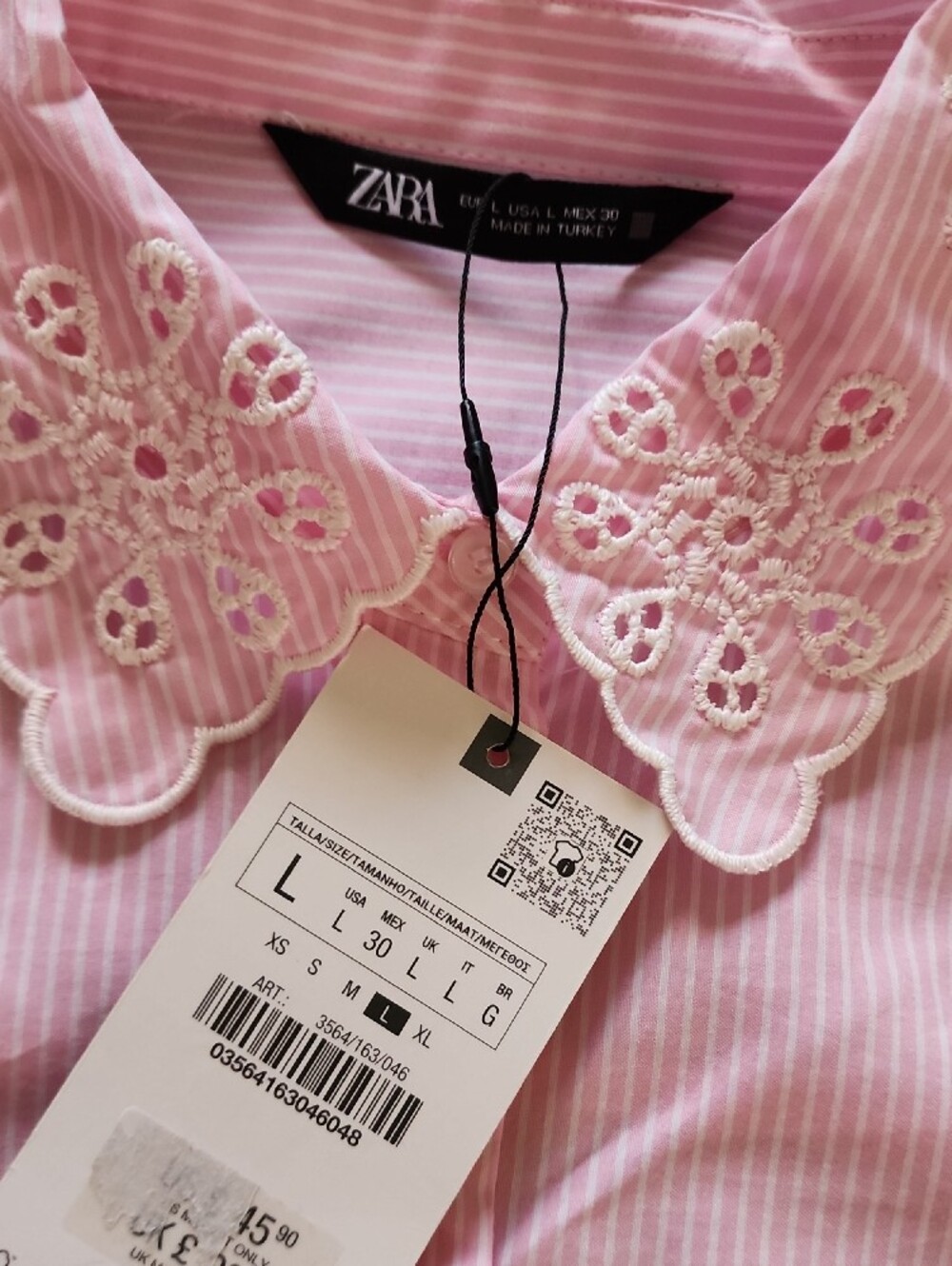 NWT! Zara Light Pink Pinstripe Cropped Eyelet Collared Blouse - Picture 3 of 8